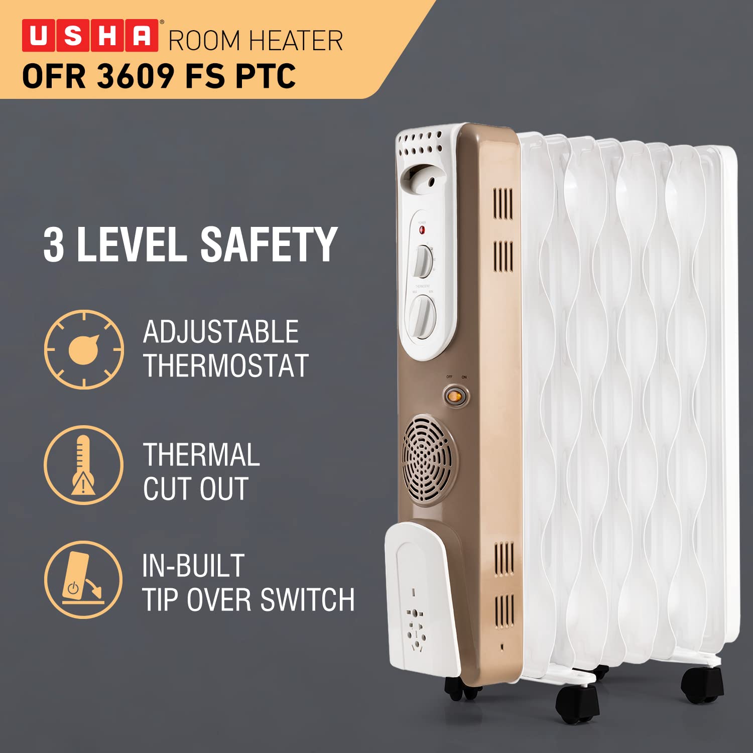 USHA 3609FS PTC 2000-வாட் எண்ணெய் நிரப்பப்பட்ட ரேடியேட்டர் (வெள்ளை) 