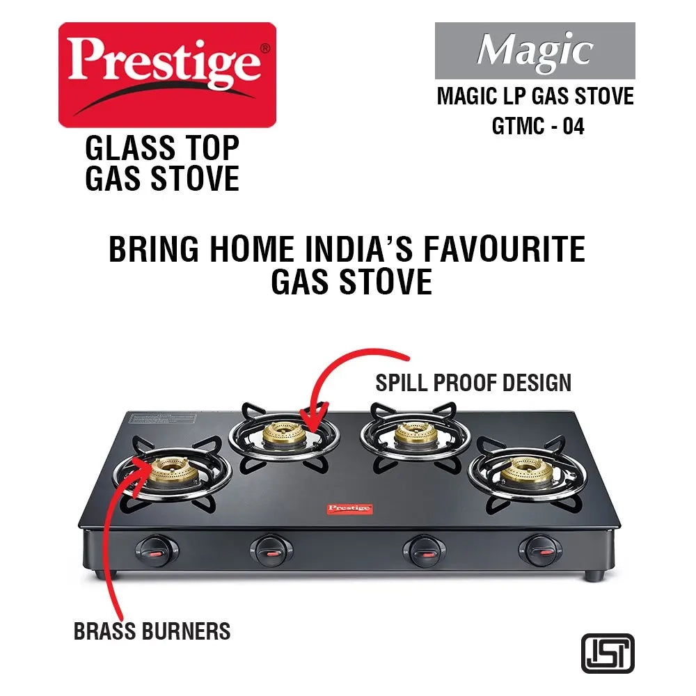 Prestige Magic 4 Burner Regular Black Gas Stove , ISI Certified