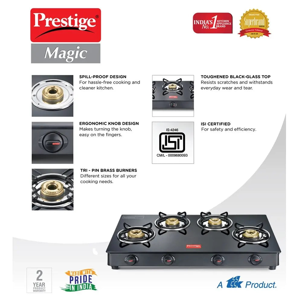 Prestige Magic 4 Burner Regular Black Gas Stove , ISI Certified
