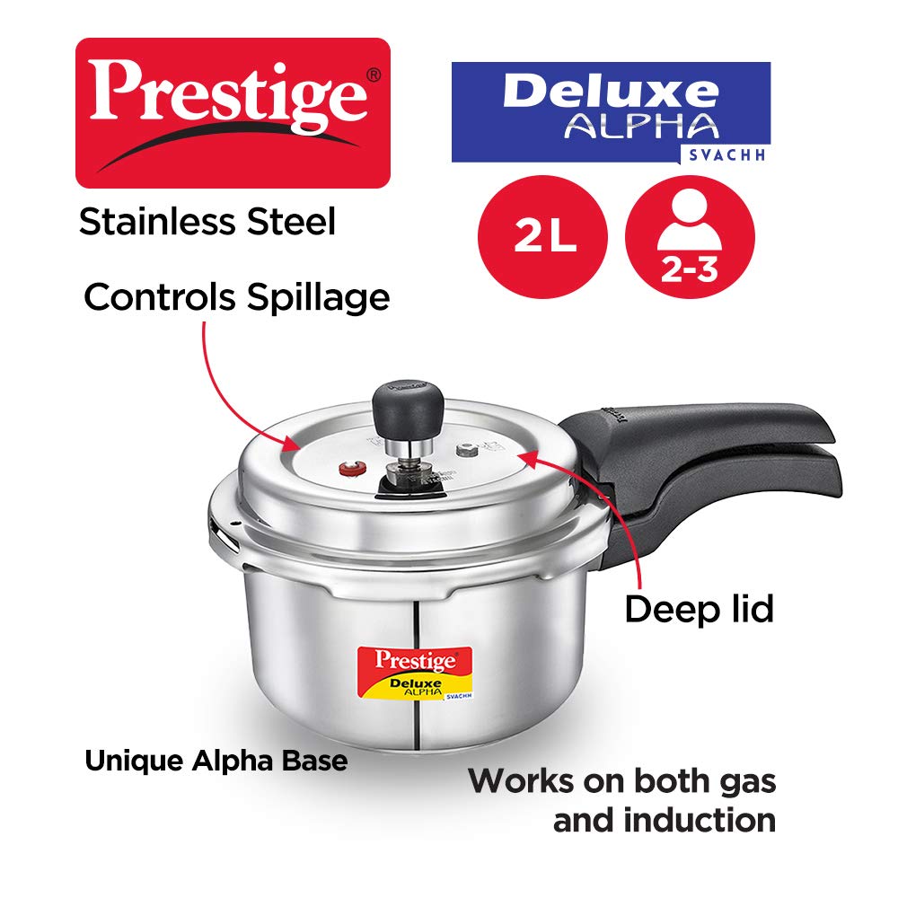 Prestige Svachh Deluxe Alpha 2.0 Litre Stainless Steel Pressure Cookers, Silver