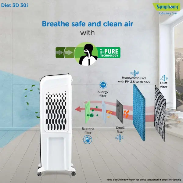Symphony Diet 3D 30i Air Cooler with pop up touchscreen and 3 side honeycomb cooling pads With Remote