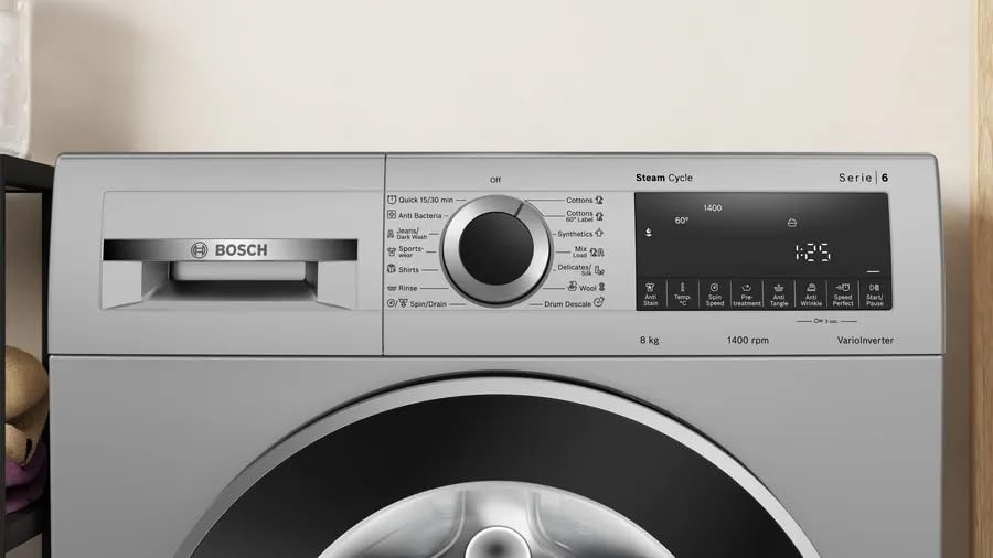 உள்ளமைக்கப்பட்ட ஹீட்டர் சில்வர் (WGA1340SIN) உடன் கூடிய BOSCH 8 கிலோ முழு தானியங்கி முன் சுமை வாஷிங் மெஷின்