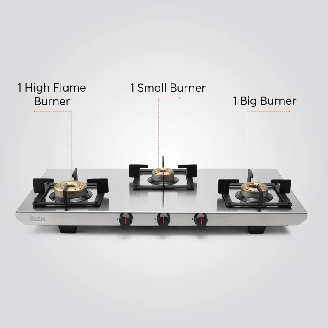 Glen 3 Burner Ultra Tuff Stainless Steel Gas Stove |Silver| Forged Brass Burner With 5 Year Warranty| ISI Certified|Revolving Inlet Nozzle| 2 Year Warranty On Product | (CT1053UTSS73)
