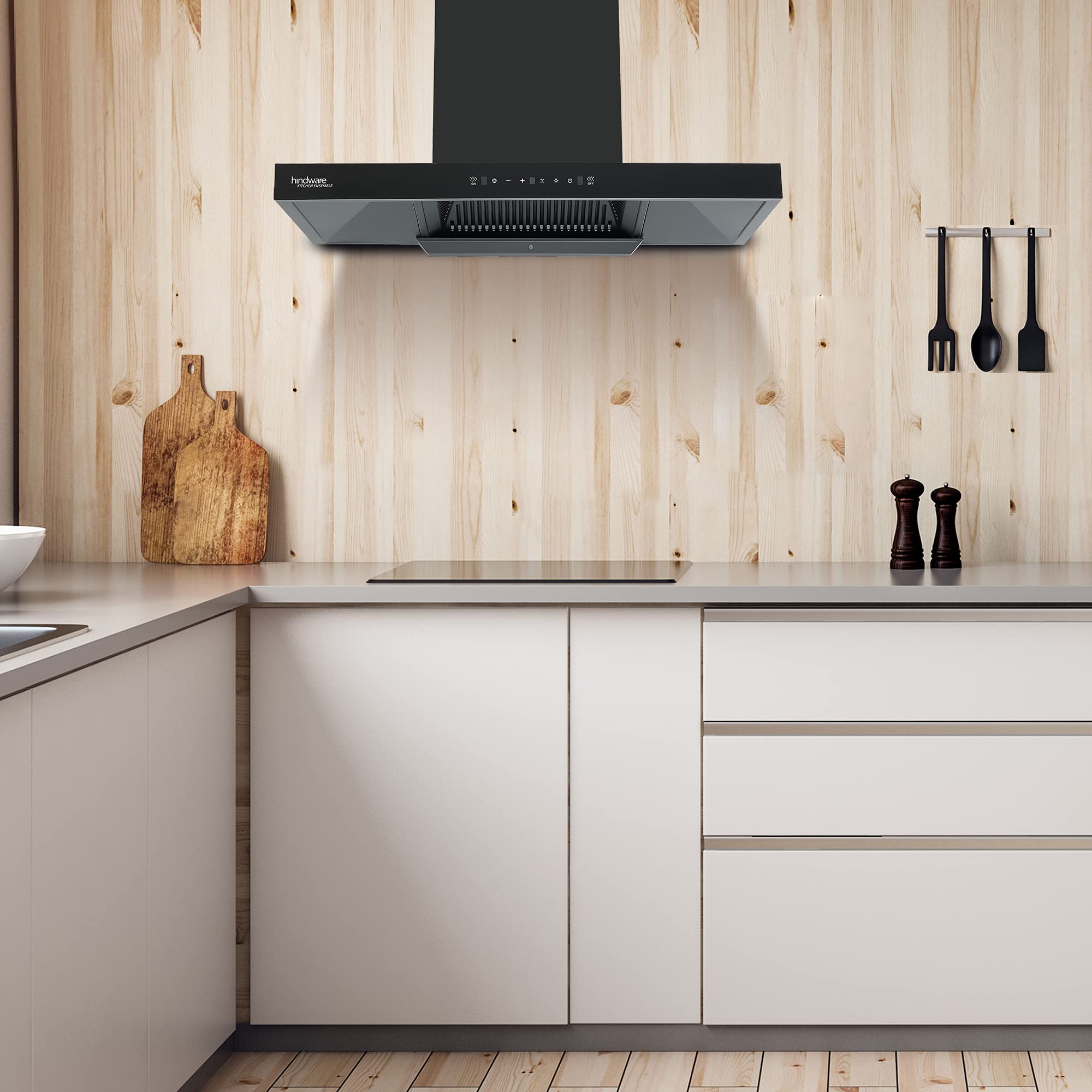 Hindware Atlanta 90 cm 1350 m³/hr Filterless Auto-Clean Kitchen Chimney With MaxX Silence Technology, Motion Sensor (32% Less Noise, Touch Control, Black)