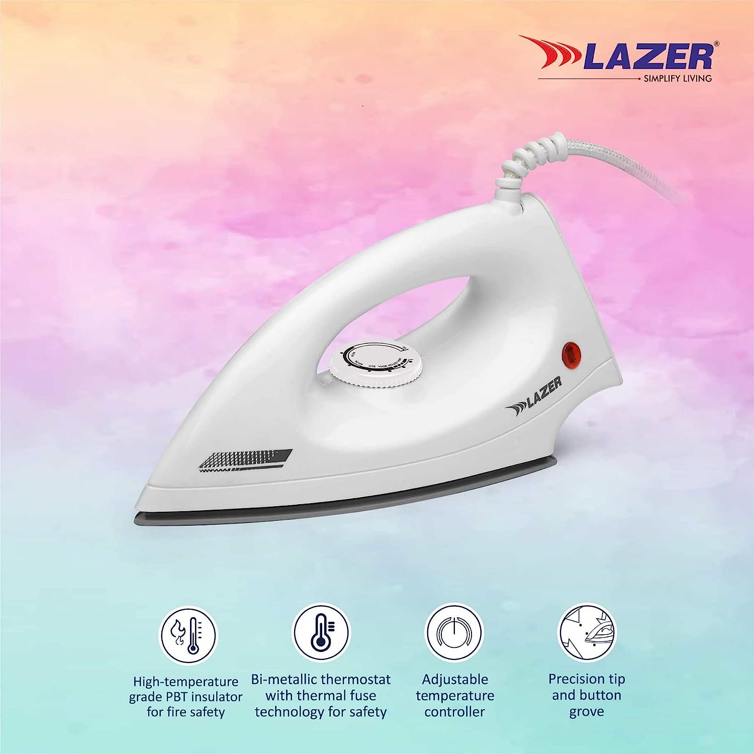 Lazer 1000 Watts Ultra PTFE Sole plate Dry Iron (white)