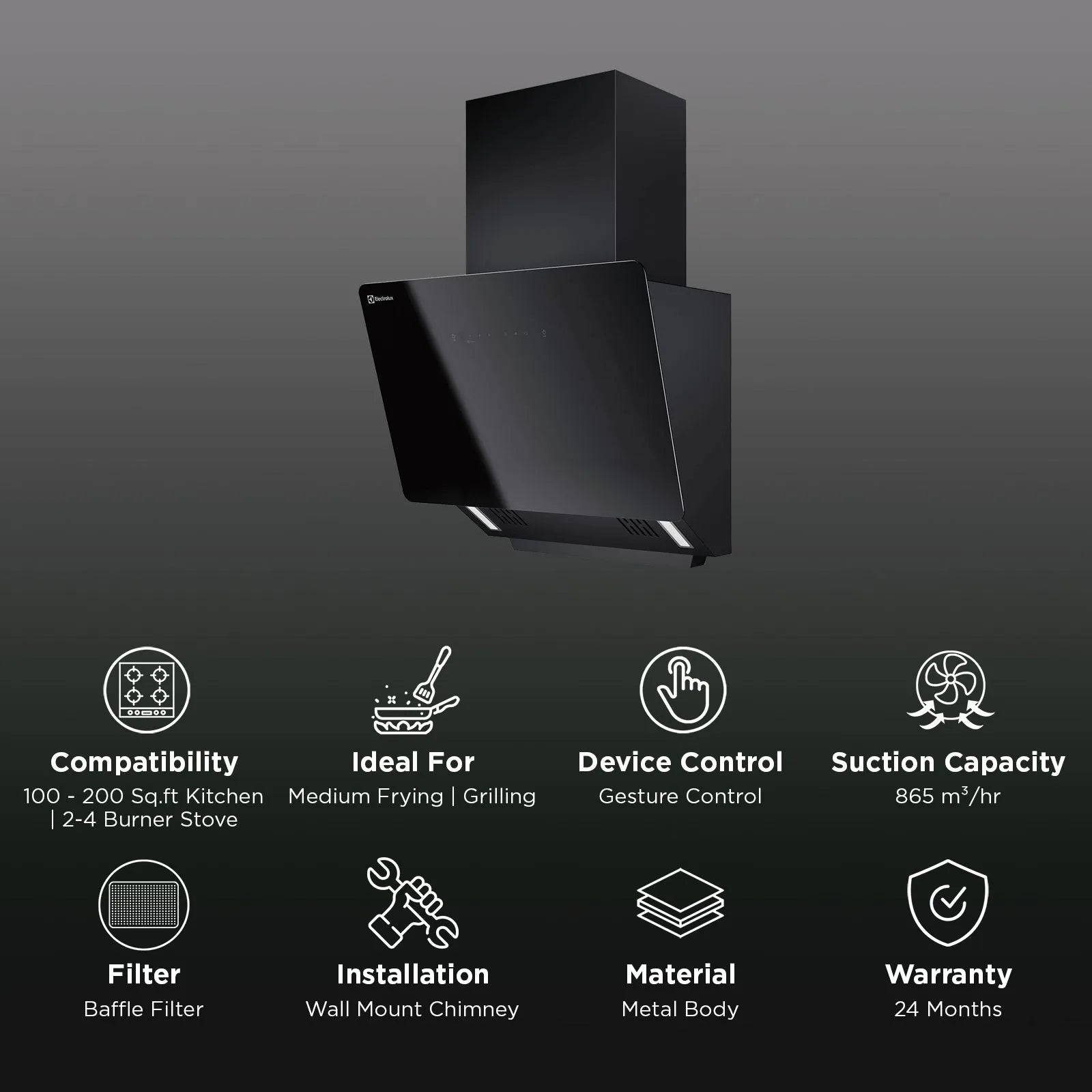 Electrolux ECS6931GB 700 Series 60cm Wall Mount Chimney - 865m3/hr Ducted Auto Clean