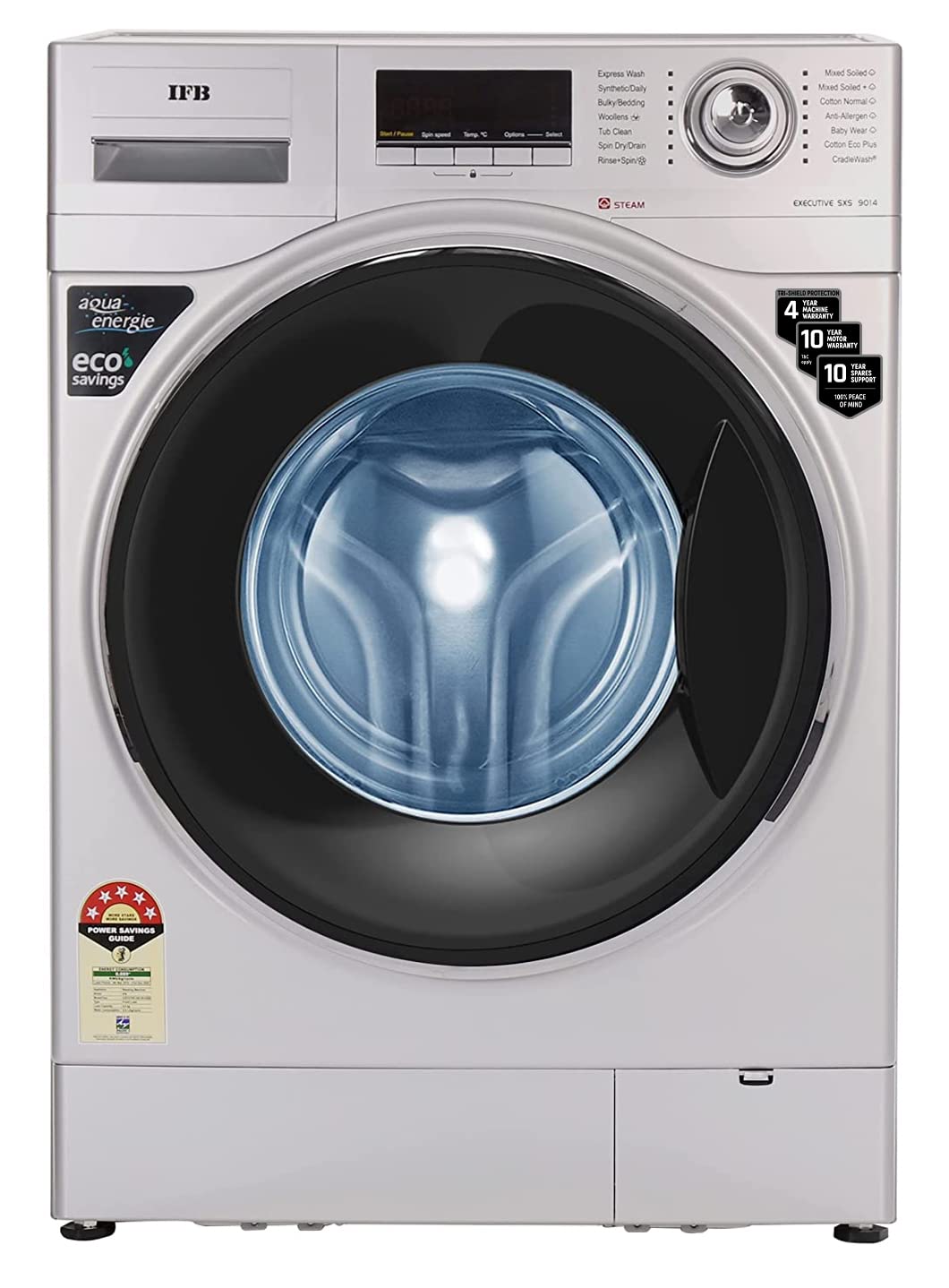 IFB 9 Kg 5 Star Front Load Washing Machine 2X Power Steam (EXECUTIVE SXS 9014, Silver, In-built Heater, 4 years Comprehensive Warranty)