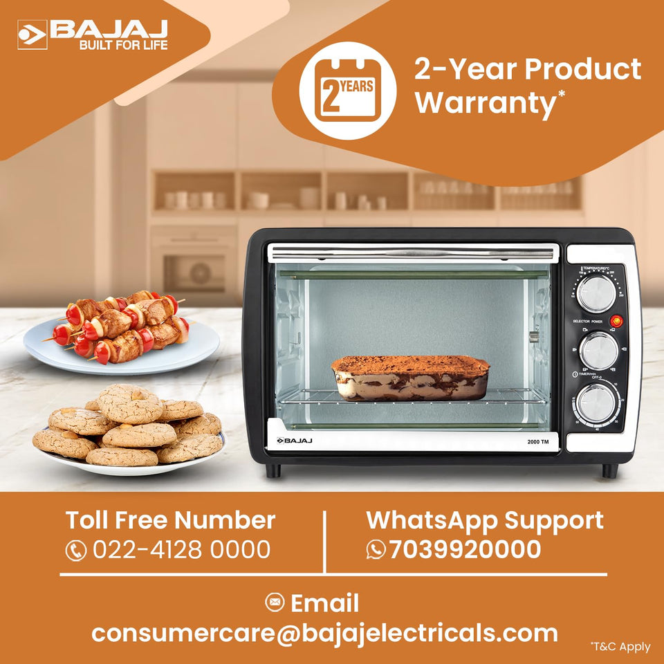 Bajaj 2000 TM oven with a baked dish inside, kebabs and cookies alongside, and 2-year warranty and support details