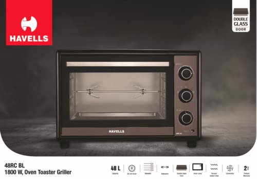 Havells Otg 48Rc Bl|Toughened Double Glass Door|60 Min Timer|Rotisserie|Convection|Inner Lamp|6 Heating Modes|4 Skewer Rods|Enamelled Coated Baking Tray|1800W&2Yr Warranty,48 Liter,1800 Watt,