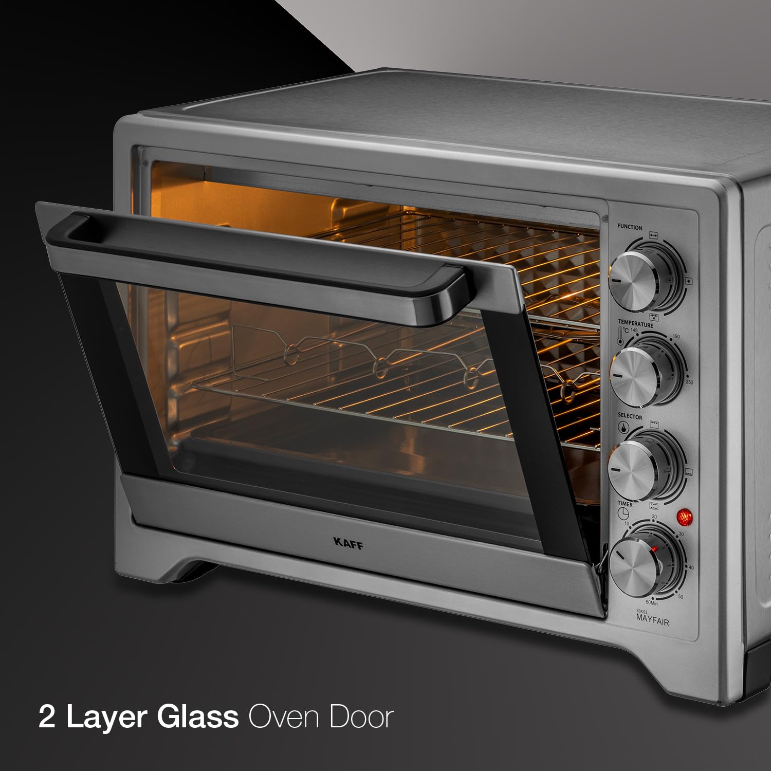Kaff MFOT45-SS Electric Oven Toaster Grill (OTG) for Kitchen 45 Litre, 2000W with Rotisserie and Convection Fan | Stainless Steel Finish Styling Handle (Silver)