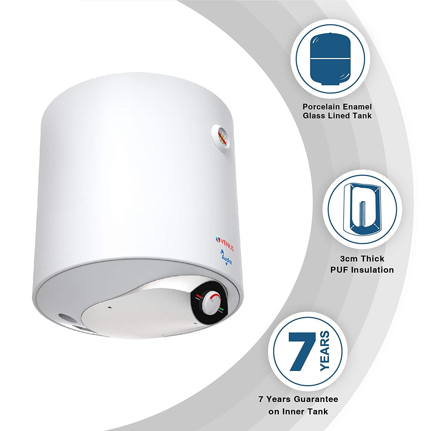 VENUS Audra 10AV 10-Litre (White) Water Heater, Porcelain Enamelled Glass Lined Tank, BEE Star Rating - 5 Stars:ISI ;Free Flexible Hose