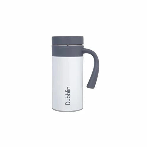 DUBBLIN Fresco Stainless Steel Tea Coffee Mug Double Wall Vacuum Insulated Travel Mug with Handle Leak Proof Lid, Wide Mouth Tumbler Thermos Flask Keeps Hot 6 Hours, Cold 12 Hours 300ML White