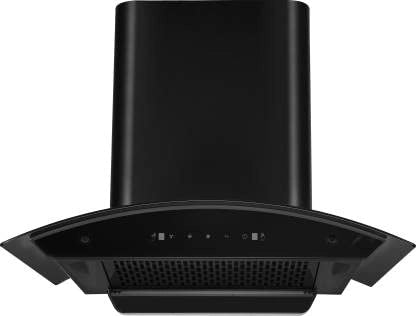 Hindware Chromia BK60 black chimney front view with curved glass and touch controls