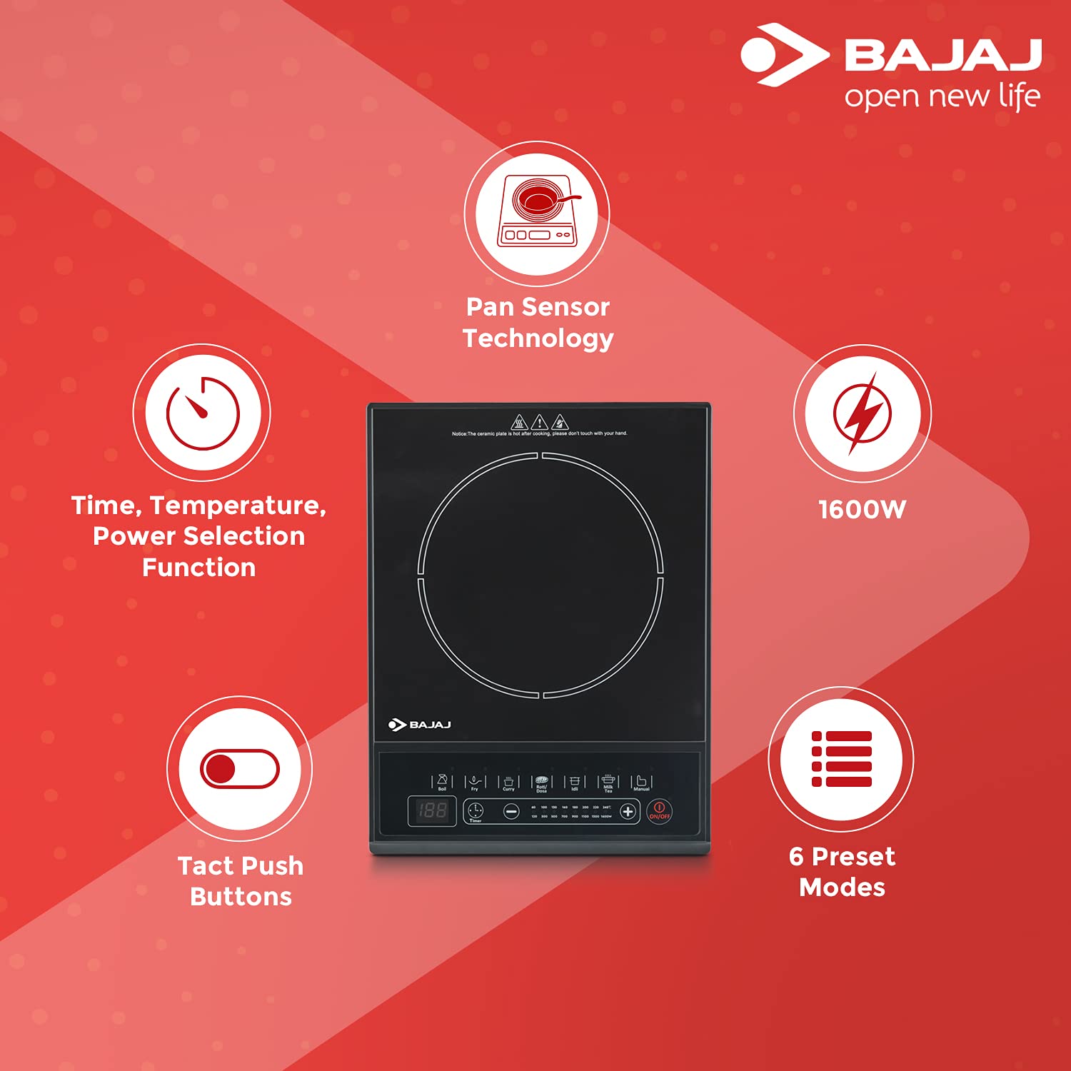 Bajaj Majesty ICX Neo 1600W Induction Cooktop with Pan sensor and Voltage Pro Technology, Black