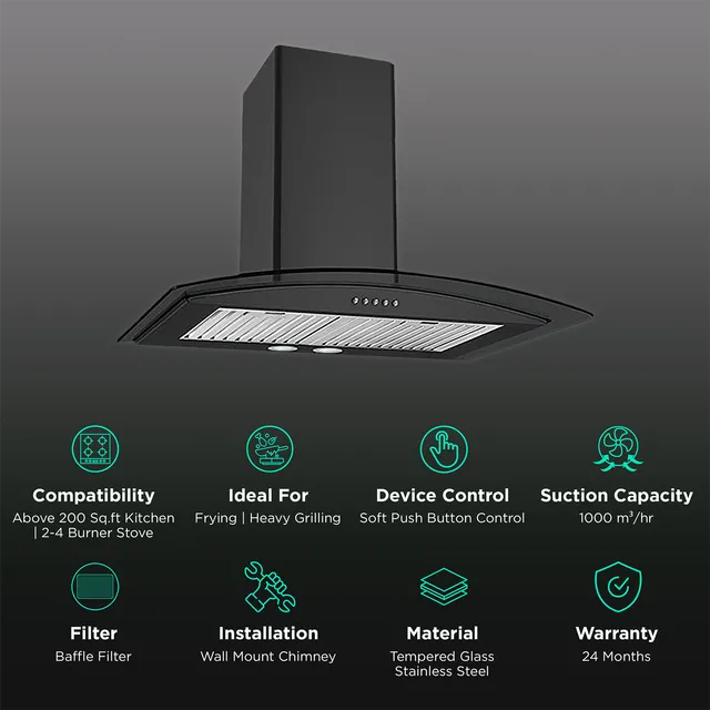 KAFF FLO LX BF 60cm Ducted Wall Mount Chimney - Soft Push Button Control, 1000m3/hr