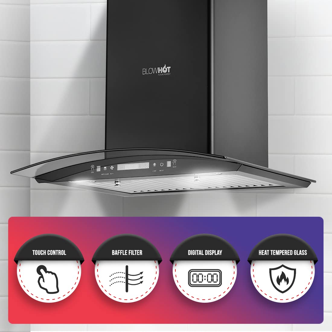 BLOWHOT Chimney for Kitchen 60Cm 1100 m3/hr Auto Clean Curved Glass Gesture Controlled Motion Sensor Bafﬂe Filter With Recycling Mode Led Lights(LIfetime7 Years)Warranty On Motor Free Installation Kit