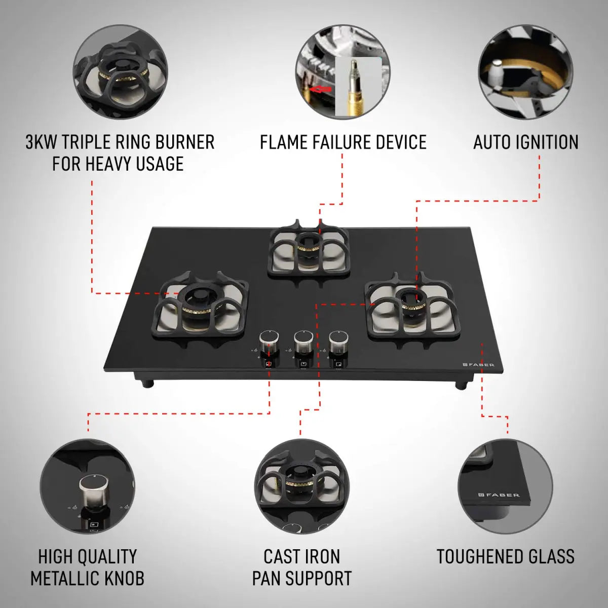 Faber Hobtop Imperia Plus 783 BRB CI BK 3 Brass Burner Auto Electric Ignition Glass Top, Black