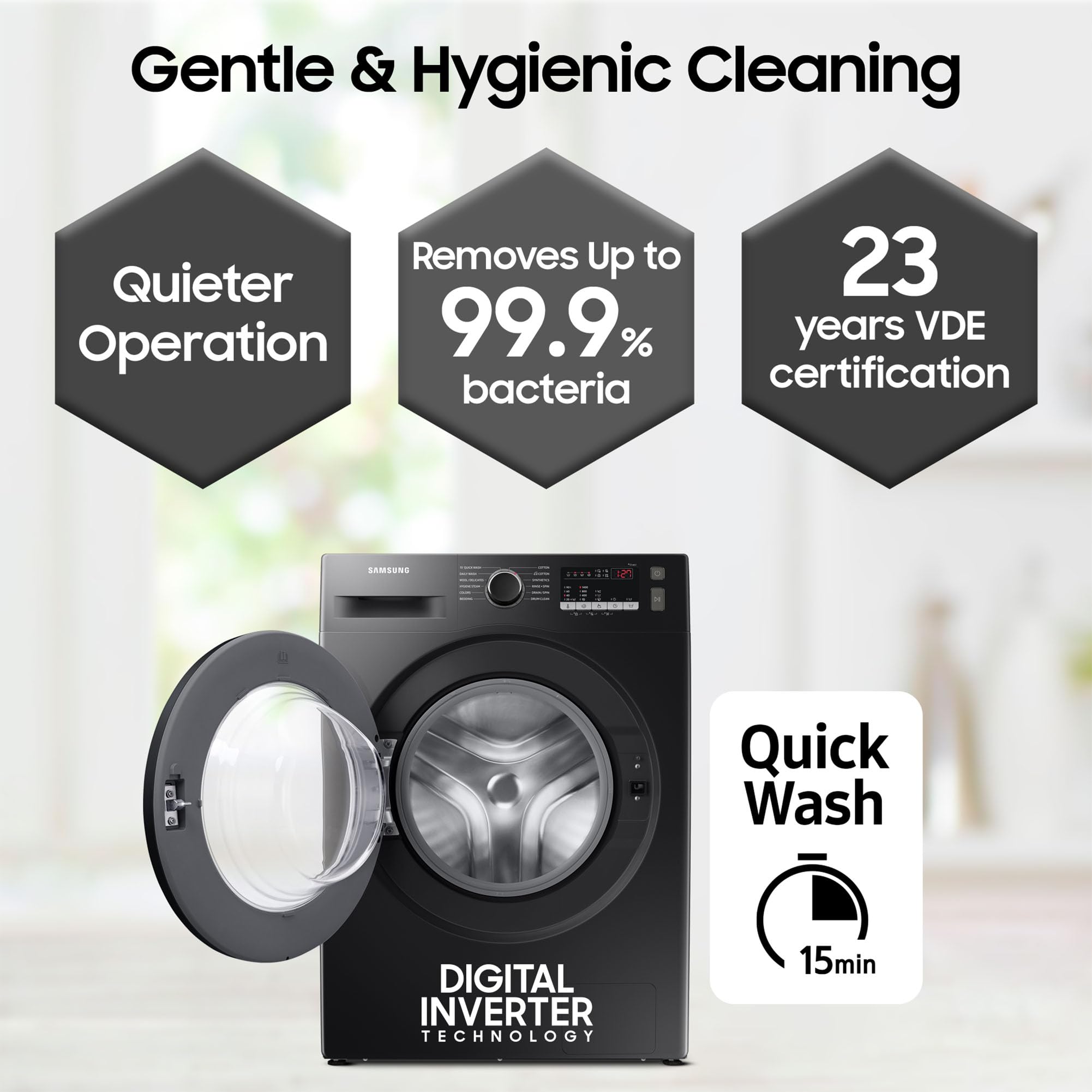 Samsung 9 kg, 5 Star, Hygiene Steam with Inbuilt Heater, Digital Inverter, Fully-Automatic Front Load Washing Machine (WW90T4040CB1TL, Black)