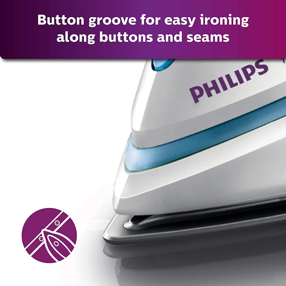 Close-up of the Philips GC1905/21 iron front showing the button groove for ironing along buttons and seams