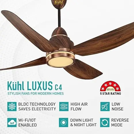 KUHL Stylish Fan Luxus C4 Teakwood| 5 Star Rated| BLDC Technology| Low Power 38W| High Air Flow|Low Noise| 4 Aerodynamic ABS Blades| Night & Down Light|Operate on Remote - Mobile - Alexa|Reverse Mode
