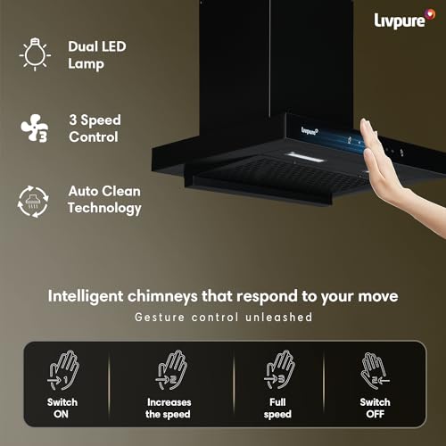Livpure Fenix 60 1400 m3/hr T-Shape | Filterless Auto Clean Kitchen Chimney with Oil collector |10 Year Warranty On Motor (2 Year Comprehensive) by Livpure, (Touch & Gesture Control, Black)