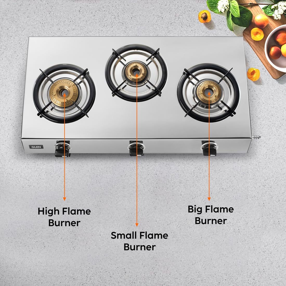 3 Burner Stainless Steel Gas Stove with High Flame Brass Burner (Rectangular)