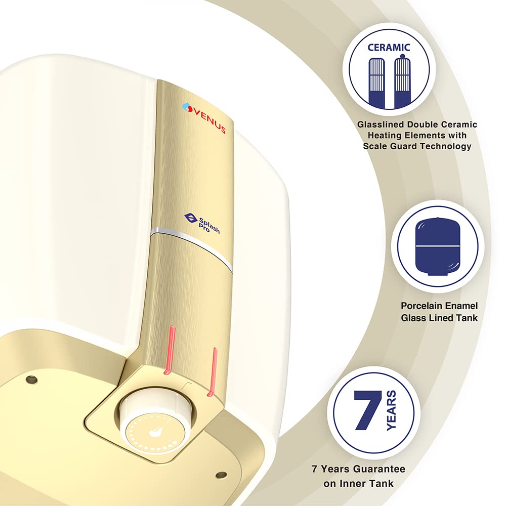Venus Splash Pro Storage Water Heater (10 Litre, Ivory/Tuscan Gold)