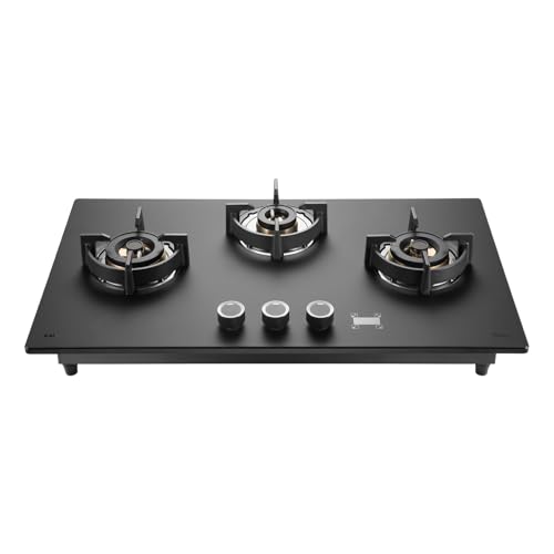 KAFF PRESTON PRS 783 Built-in Hob/Hobtop 3 Burners with Digital Timer, Auto Electric Ignition Glass Top, 78 CM, Full Brass Burners with Flame Failure Device, Metal Knobs (Black)