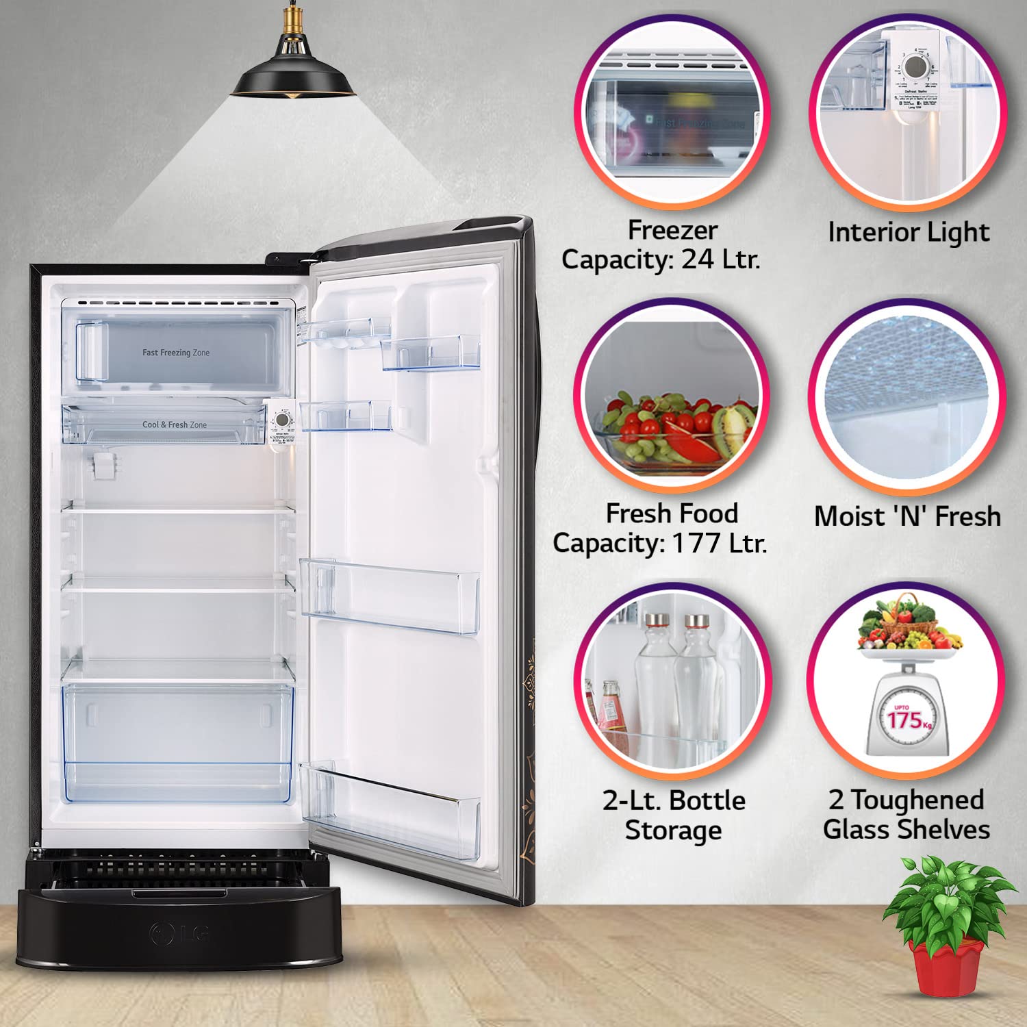 LG 204 L 5 Star Inverter Direct-Cool Single Door Refrigerator (GL-D211HERZ, Ebony Regal, Base stand with drawer, 2022 Model)
