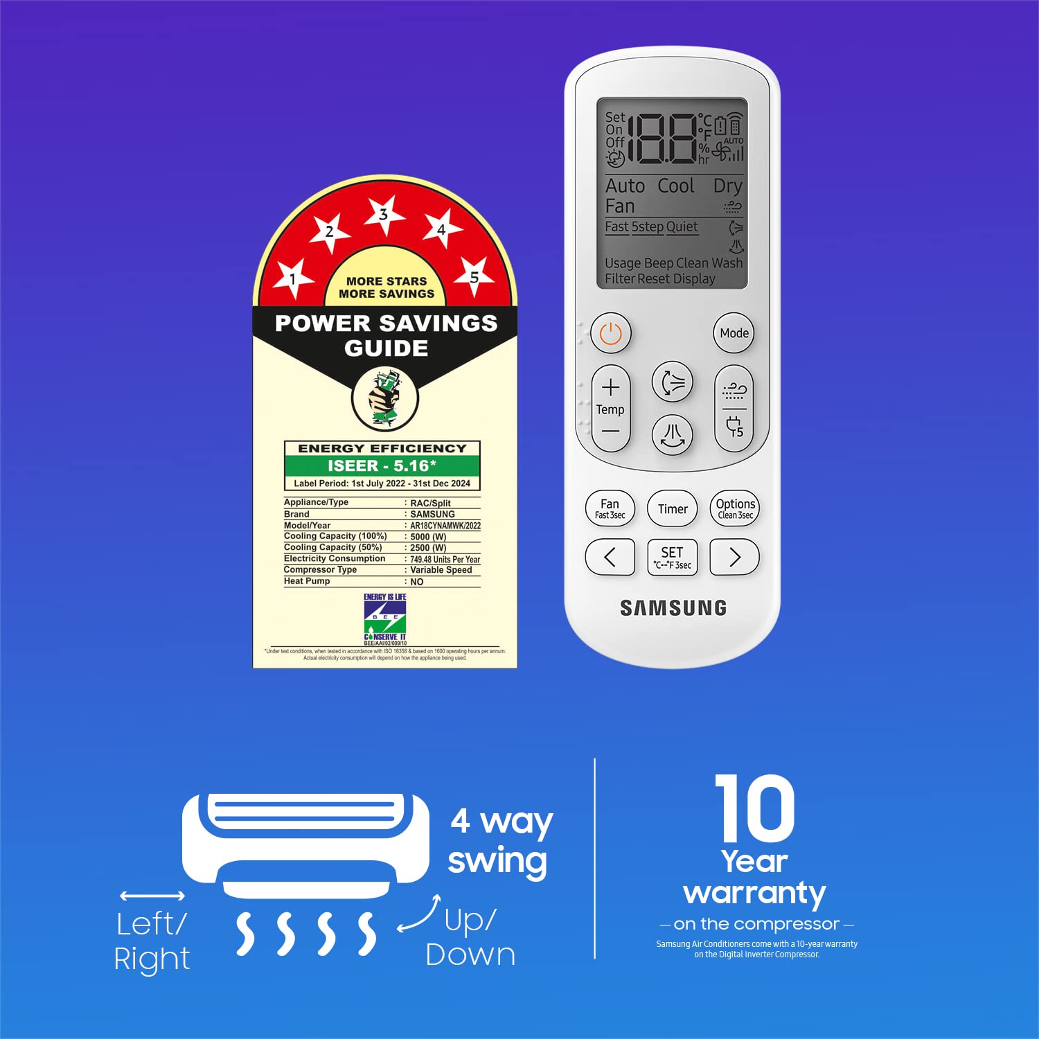 Samsung 1.5 Ton 5 Star AR18CYNAMWK Split AC white