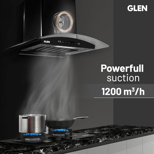 GLEN 60 cm 1200m3/hr Auto-Clean Filterless Curved Glass Kitchen Chimney With Motion Sensor+Touch Controls (Senza Black)