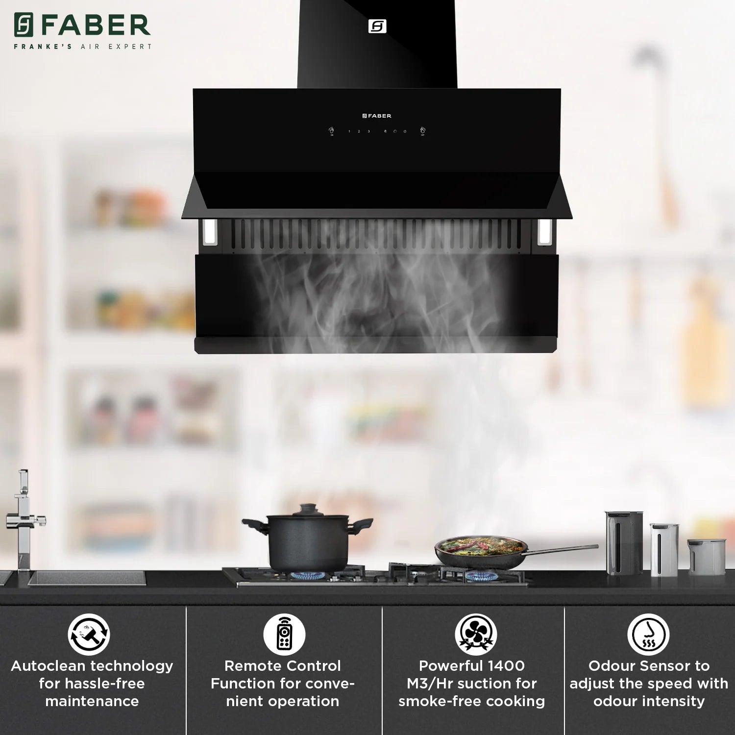 Faber Zenith FL HC SC BK IN 75cm 1400m3/hr Ducted Auto Clean Chimney with Odor Sensor - Wall Mount