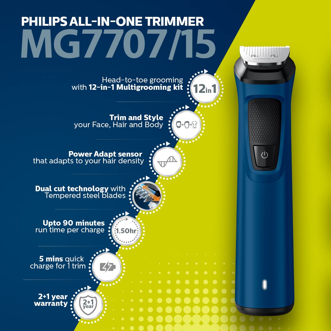 Philips Multi Grooming Kit MG7707/15, 12-in-1, Face, Head and Body - All-in-one Trimmer. Power adapt technology for precise trimming, 90 Mins Run Time with Quick Charge