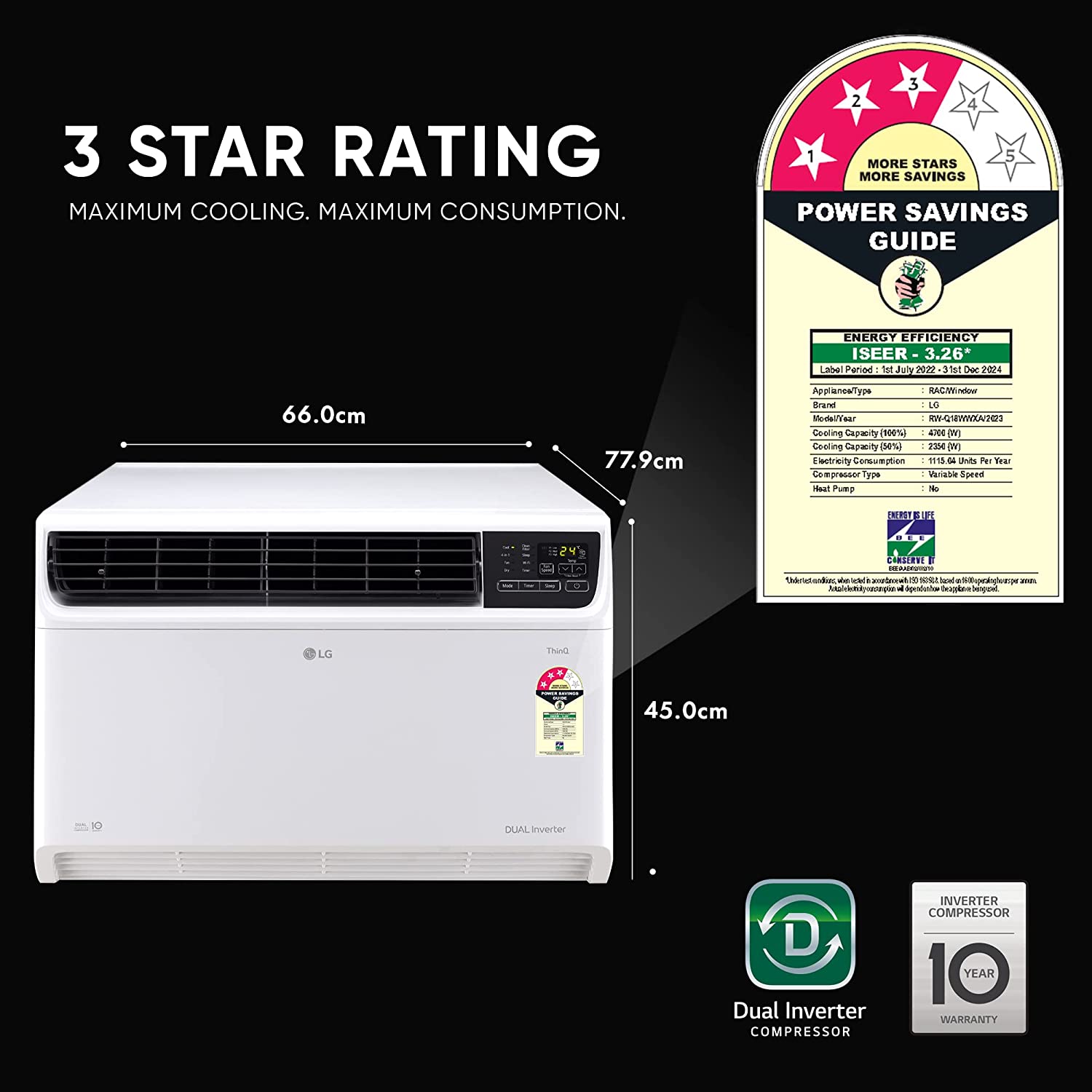 LG 1.5 Ton 3 Star Wi-Fi DUAL Inverter Window AC RW-Q18WWXA White