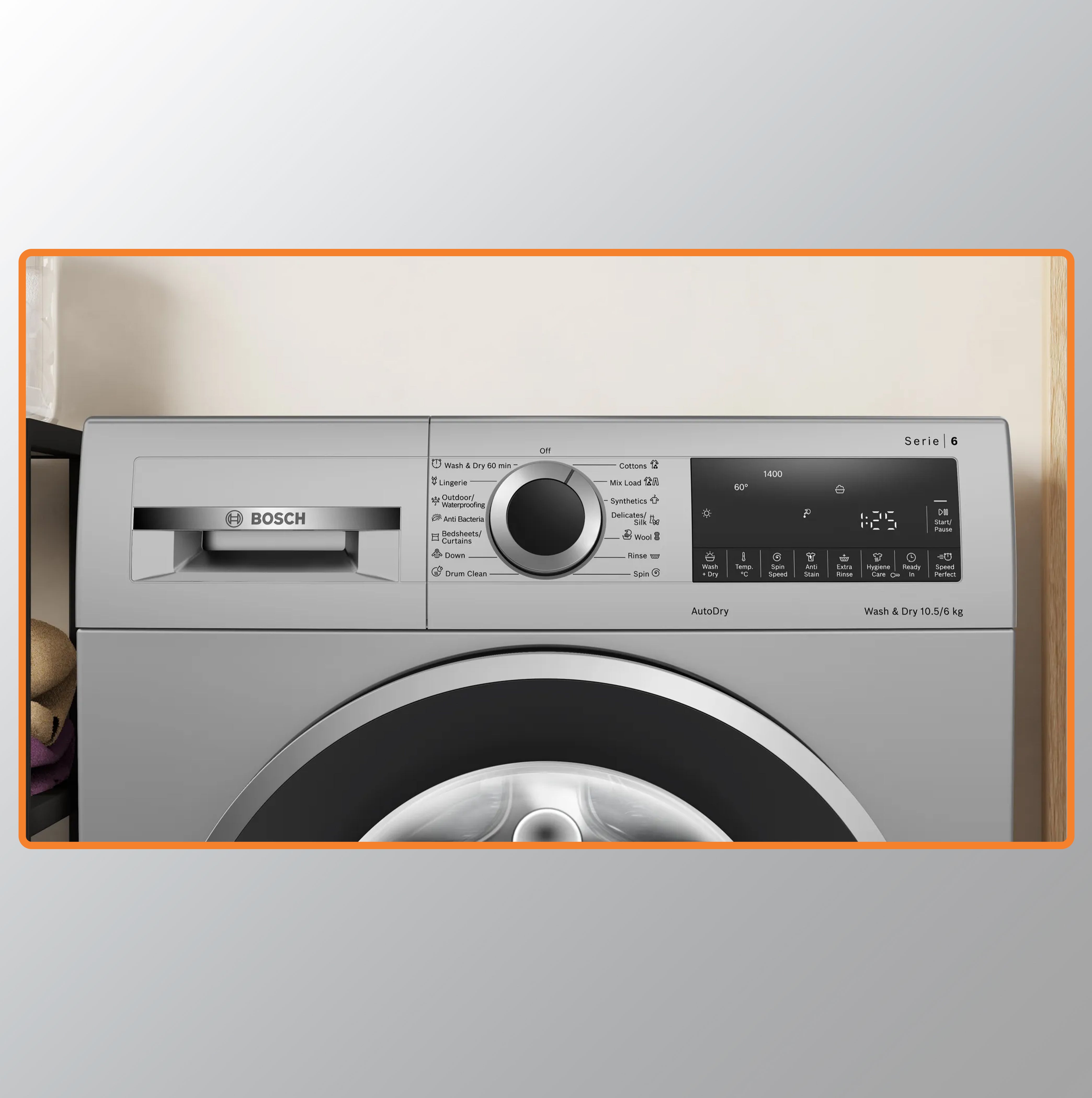 Bosch 10.5/6 KG Inverter Front Load Washer Dryer with LED TOUCH DISPLAY (WNA264U9IN,Silver)