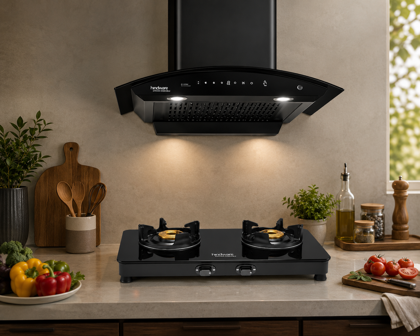 Hindware Divina Neo 60 Chimney + Alverio 2 Burner Manual Cooktop Combo