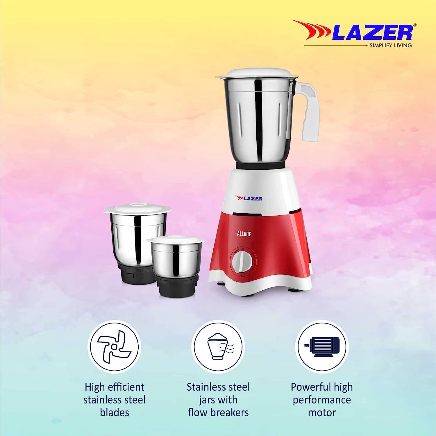 Lazer Allure 3 jars 500W Mixer Grinder (Red)