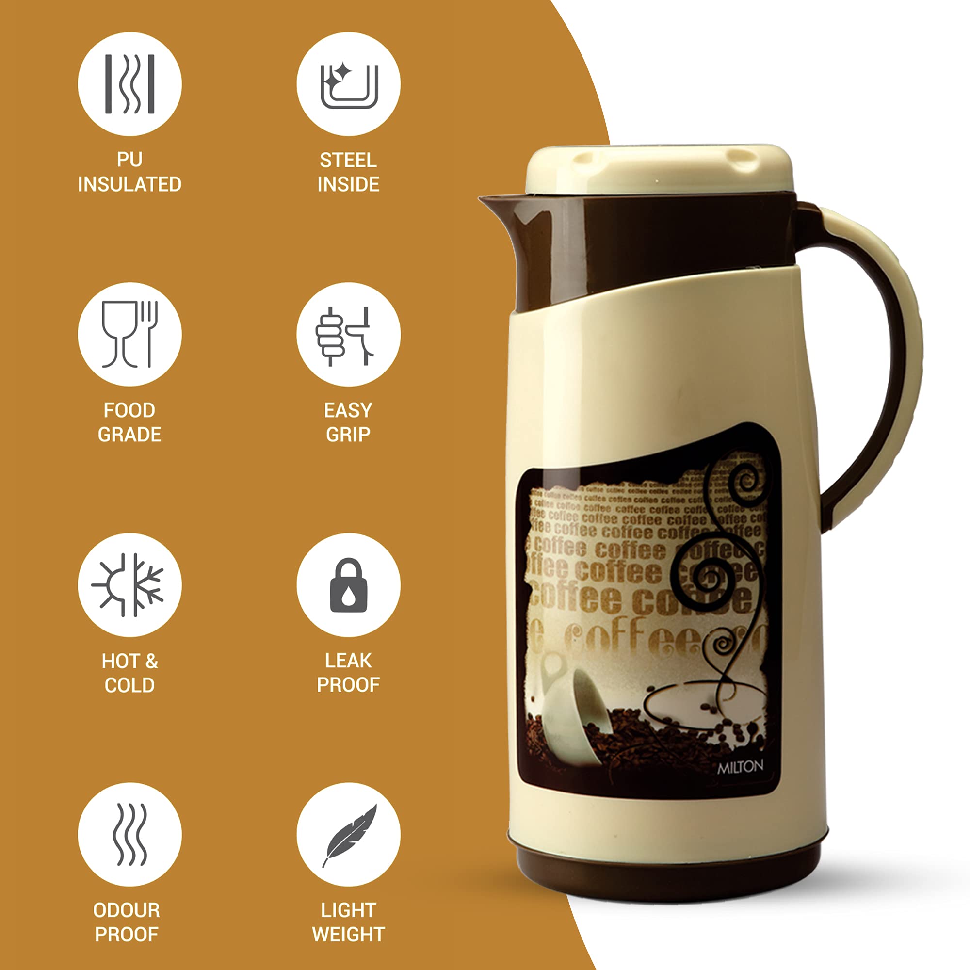 Milton Viva Tuff 1500 Insulated Inner Stainless Steel Jug, 1.35 Litre, 1 Piece, Brown | BPA Free | Hot and Cold | Easy to Carry | Leak Proof | Tea Jug | Coffee Jug | Water Jug | Hot Beverages