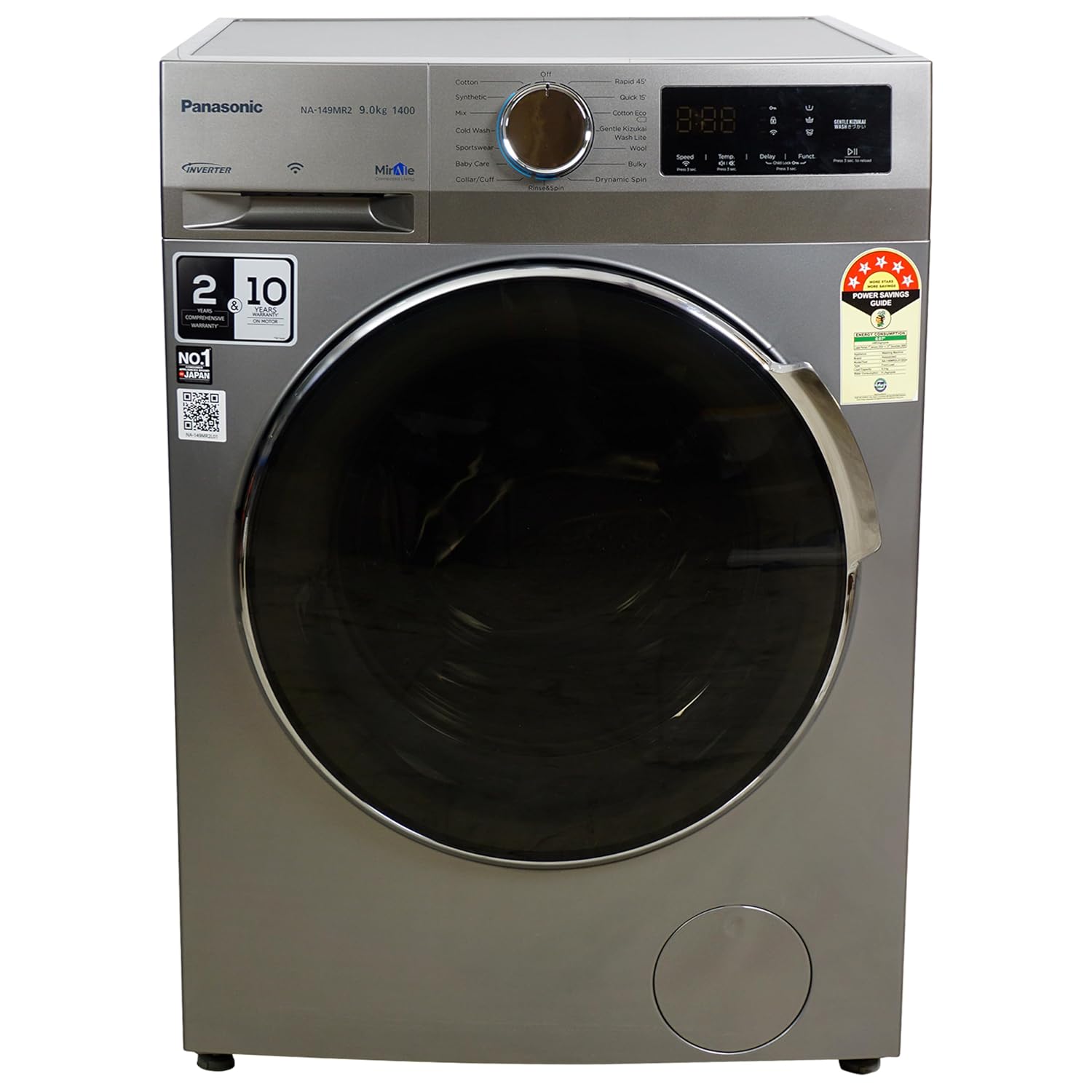 Panasonic 9kg 5-Star Inverter Fully Auto Front Load Washer with Built-In Heater & 15 Wash Programs (NA-149MR2L01, Dark Silver)