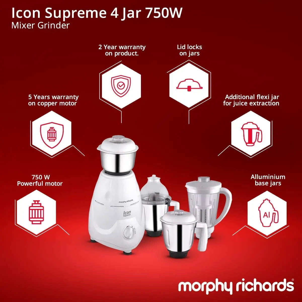 Morphy Richards Icon Supreme 750-Watt Mixer Grinder 4 Jars (White)