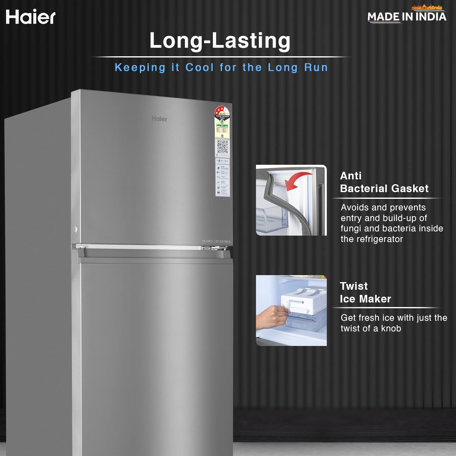 Haier 328L 3 Star Frost Free Inverter Double Door Top Mount Refrigerator (HEF-333TS-P, Inox Steel, Convertible)
