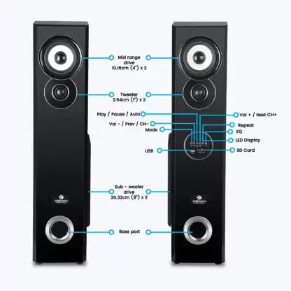 ZEBRONICS Zeb-BT7800RUCFO tower speaker with optical input supports BT/ USB/ SD/FM/AUX/Optical input and remote control. 100 W Bluetooth Tower Speaker  (Black, 2.0 Channel)