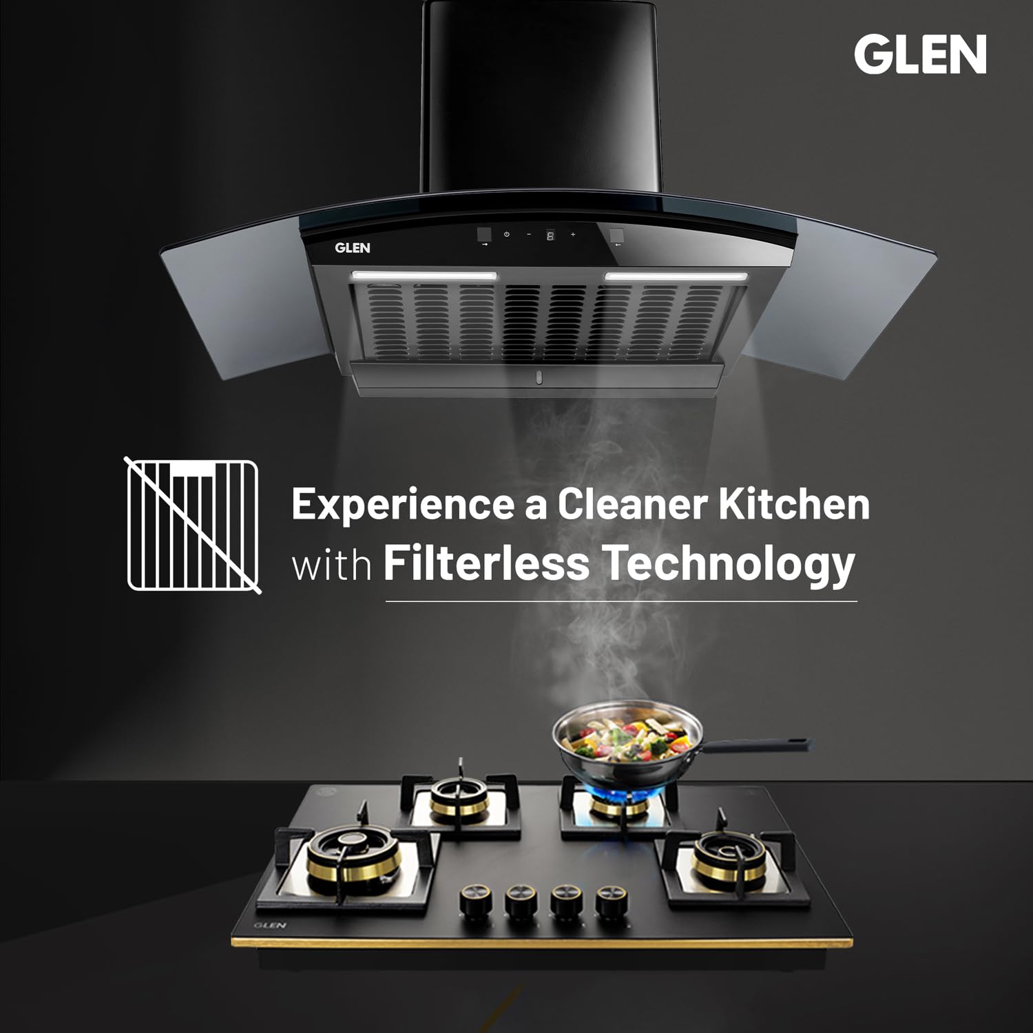 GLEN 90 cm 1500m3/hr Auto-Clean Filterless Curved Glass Kitchen Chimney With Motion Sensor+Touch Controls (Senza Turbo Black)