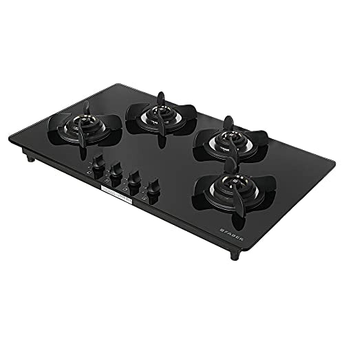 Faber Hob/Hobtop 4 Brass Burner Electric Auto Ignition, Glass Top (HOB ULTIMA PLUS HT904 CRS BR CI AI) - Black, 90 cm