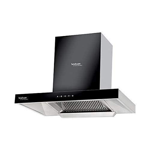 Hindware Alicia Auto Clean 75 cm chimney in angled view showing black glass front and touch controls