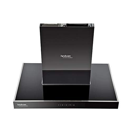 Hindware Alicia Auto Clean 75 cm chimney viewed from above with black glass top and touch controls