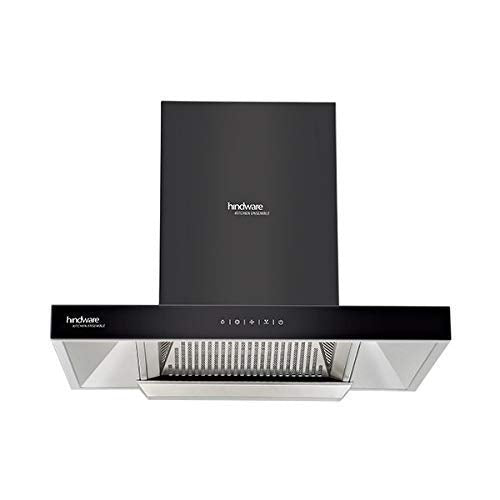 Hindware Alicia Auto Clean 75 cm chimney front view with Hindware logo and soft touch control strip