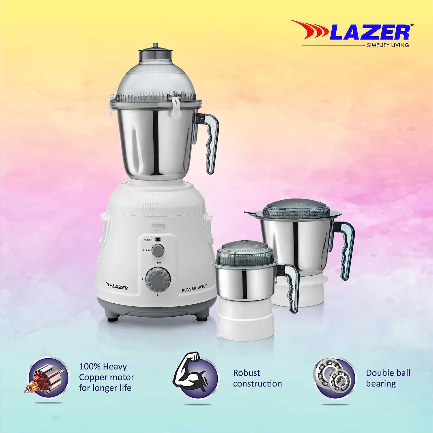 Lazer Power Bolt 3 Jars 950W Mixer Grinder (White)
