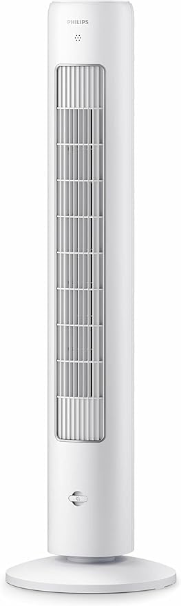 Philips CX5535/00 5000 Series white 105 cm tower fan, front view showing the tall air outlet grille and round base