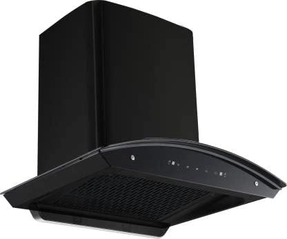 Hindware Chromia BK60 black curved glass chimney showing the touch control panel and baffle area